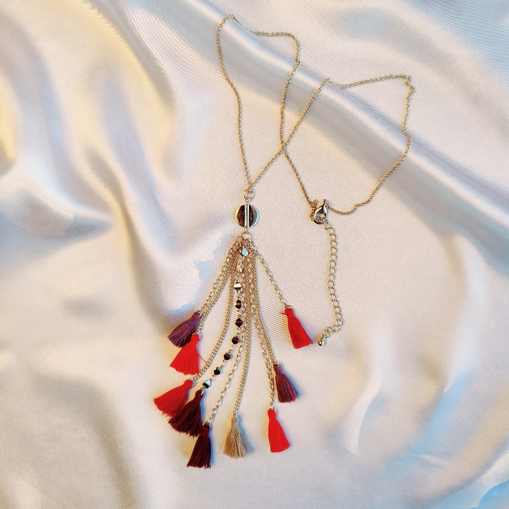 Long Necklace Golden Chain Red & Purple Tassels